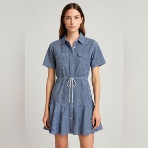 Aakaa Blue White Striped Tunic Mini Dress Drawstring Waist Newport Stripe Small